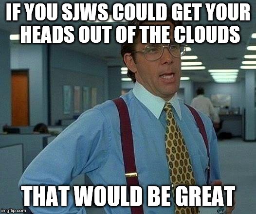 That Would Be Great Meme | IF YOU SJWS COULD GET YOUR HEADS OUT OF THE CLOUDS THAT WOULD BE GREAT | image tagged in memes,that would be great | made w/ Imgflip meme maker