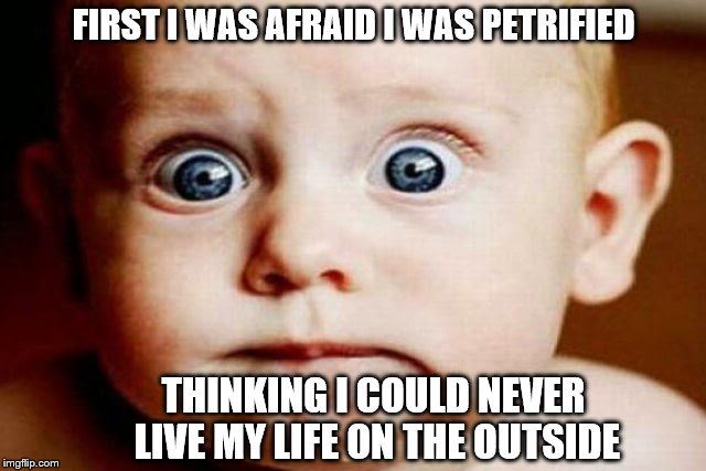 If I did this right, that song is now stuck in your head.  | FIRST I WAS AFRAID I WAS PETRIFIED; THINKING I COULD NEVER LIVE MY LIFE ON THE OUTSIDE | image tagged in memes,baby,i will survive | made w/ Imgflip meme maker