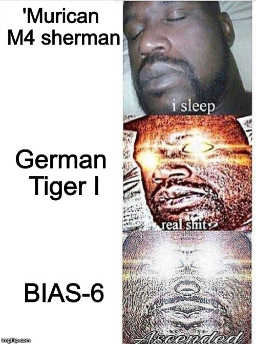 I sleep meme with ascended template | 'Murican M4 sherman; German Tiger I; BIAS-6 | image tagged in i sleep meme with ascended template | made w/ Imgflip meme maker