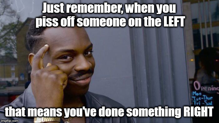 So much fun | Just remember, when you piss off someone on the LEFT; that means you've done something RIGHT | image tagged in memes,roll safe think about it,political | made w/ Imgflip meme maker