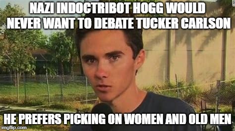 Indoctribot Hogg | NAZI INDOCTRIBOT HOGG WOULD NEVER WANT TO DEBATE TUCKER CARLSON; HE PREFERS PICKING ON WOMEN AND OLD MEN | image tagged in tool,nazi | made w/ Imgflip meme maker