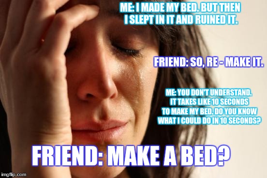 Why do you expect me to do this stuff guys? WHY | ME: I MADE MY BED. BUT THEN I SLEPT IN IT AND RUINED IT. FRIEND: SO, RE - MAKE IT. ME: YOU DON'T UNDERSTAND. IT TAKES LIKE 10 SECONDS TO MAKE MY BED. DO YOU KNOW WHAT I COULD DO IN 10 SECONDS? FRIEND: MAKE A BED? | image tagged in memes,first world problems | made w/ Imgflip meme maker