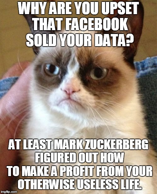 Putting it in perspective... a Grumpy perspective. (◔◡◔) | WHY ARE YOU UPSET THAT FACEBOOK SOLD YOUR DATA? AT LEAST MARK ZUCKERBERG FIGURED OUT HOW TO MAKE A PROFIT FROM YOUR OTHERWISE USELESS LIFE. | image tagged in memes,grumpy cat,facebook,mark zuckerberg,cambridge analytica,delete facebook | made w/ Imgflip meme maker