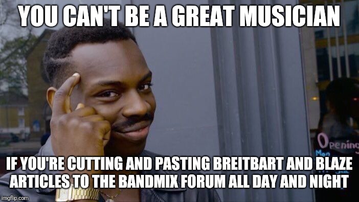 Roll Safe Think About It Meme | YOU CAN'T BE A GREAT MUSICIAN; IF YOU'RE CUTTING AND PASTING BREITBART AND BLAZE ARTICLES TO THE BANDMIX FORUM ALL DAY AND NIGHT | image tagged in memes,roll safe think about it | made w/ Imgflip meme maker