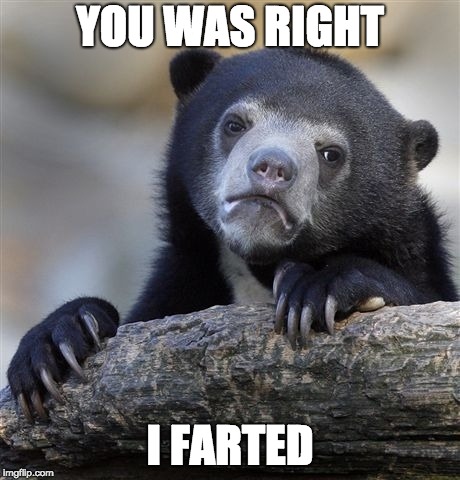Confession Bear Meme | YOU WAS RIGHT; I FARTED | image tagged in memes,confession bear | made w/ Imgflip meme maker
