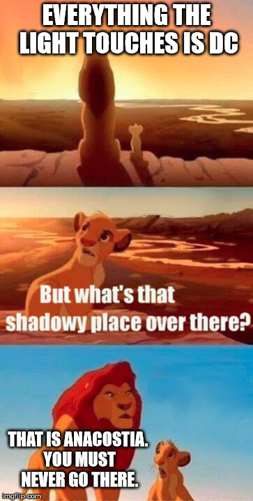 Simba Shadowy Place | EVERYTHING THE LIGHT TOUCHES IS DC; THAT IS ANACOSTIA. YOU MUST NEVER GO THERE. | image tagged in memes,simba shadowy place | made w/ Imgflip meme maker