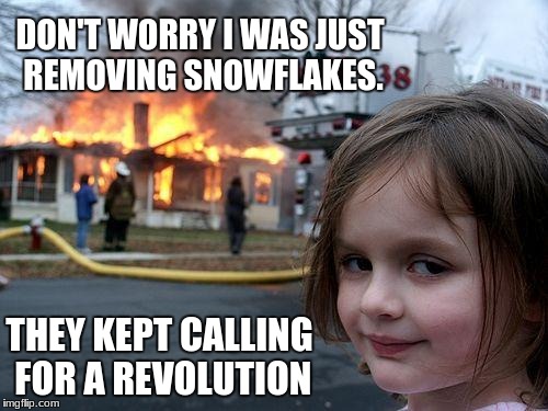 Disaster Girl | DON'T WORRY I WAS JUST REMOVING SNOWFLAKES. THEY KEPT CALLING FOR A REVOLUTION | image tagged in memes,disaster girl | made w/ Imgflip meme maker
