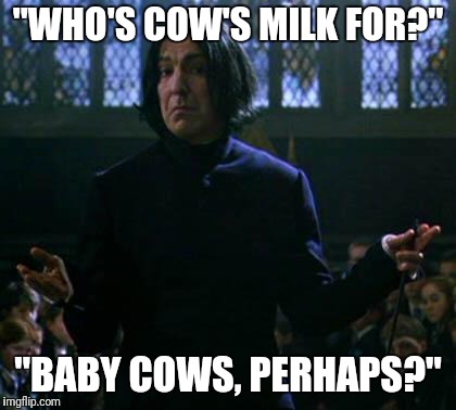 shrug snape | "WHO'S COW'S MILK FOR?"; "BABY COWS, PERHAPS?" | image tagged in shrug snape | made w/ Imgflip meme maker