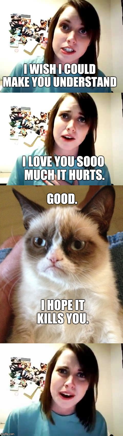 You deserve it. | I WISH I COULD MAKE YOU UNDERSTAND; I LOVE YOU SOOO MUCH IT HURTS. GOOD. I HOPE IT KILLS YOU. | image tagged in grumpy cat,overly attached girlfriend | made w/ Imgflip meme maker
