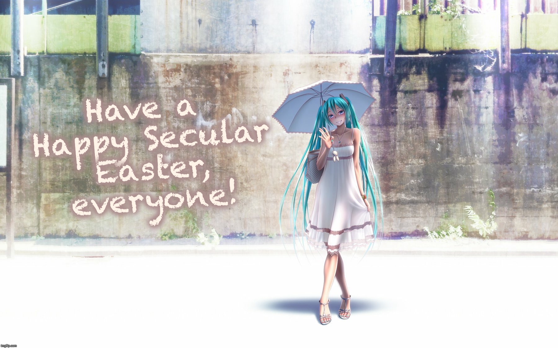 Happy Secular Easter | Have a Happy Secular Easter, everyone! | image tagged in hatsune miku,happy easter,atheist,vocaloid,girl,graffiti | made w/ Imgflip meme maker