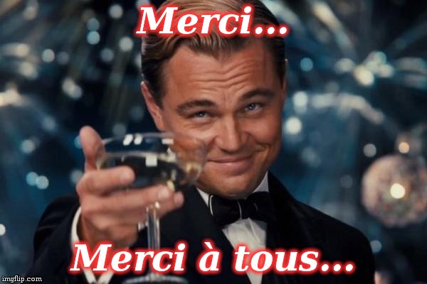 Leonardo Dicaprio Cheers Meme | Merci... Merci à tous... | image tagged in memes,leonardo dicaprio cheers | made w/ Imgflip meme maker