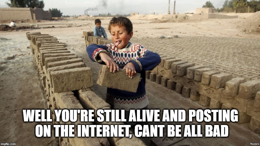 Working for water | WELL YOU'RE STILL ALIVE AND POSTING ON THE INTERNET, CANT BE ALL BAD | image tagged in working for water | made w/ Imgflip meme maker