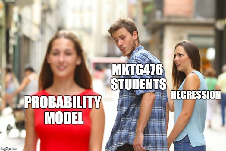 Distracted Boyfriend Meme | MKTG476 STUDENTS; REGRESSION; PROBABILITY MODEL | image tagged in memes,distracted boyfriend | made w/ Imgflip meme maker
