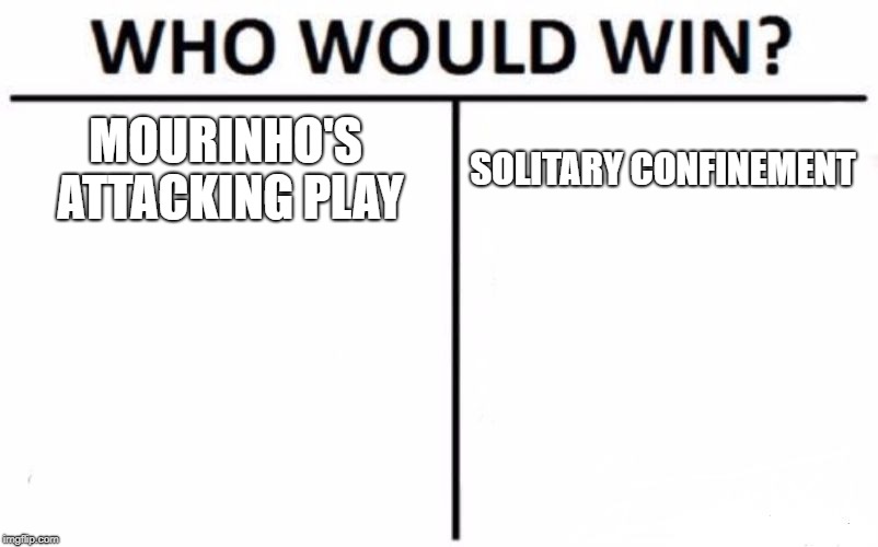 Who Would Win? Meme | MOURINHO'S ATTACKING PLAY; SOLITARY CONFINEMENT | image tagged in memes,who would win | made w/ Imgflip meme maker