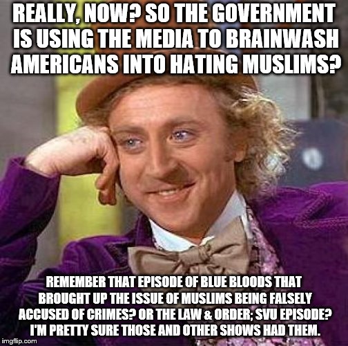Creepy Condescending Wonka | REALLY, NOW? SO THE GOVERNMENT IS USING THE MEDIA TO BRAINWASH AMERICANS INTO HATING MUSLIMS? REMEMBER THAT EPISODE OF BLUE BLOODS THAT BROUGHT UP THE ISSUE OF MUSLIMS BEING FALSELY ACCUSED OF CRIMES? OR THE LAW & ORDER; SVU EPISODE? I'M PRETTY SURE THOSE AND OTHER SHOWS HAD THEM. | image tagged in memes,creepy condescending wonka,calling bs on anti-americans | made w/ Imgflip meme maker