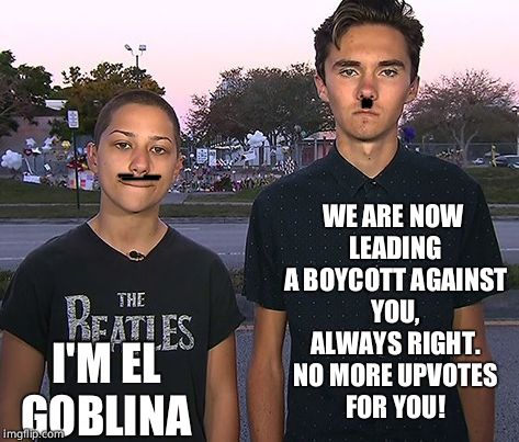 I'M EL GOBLINA WE ARE NOW LEADING A BOYCOTT AGAINST YOU, ALWAYS RIGHT. NO MORE UPVOTES FOR YOU! | image tagged in parkland | made w/ Imgflip meme maker