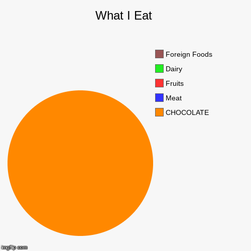 What I Eat | CHOCOLATE, Meat, Fruits, Dairy, Foreign Foods | image tagged in funny,pie charts | made w/ Imgflip chart maker