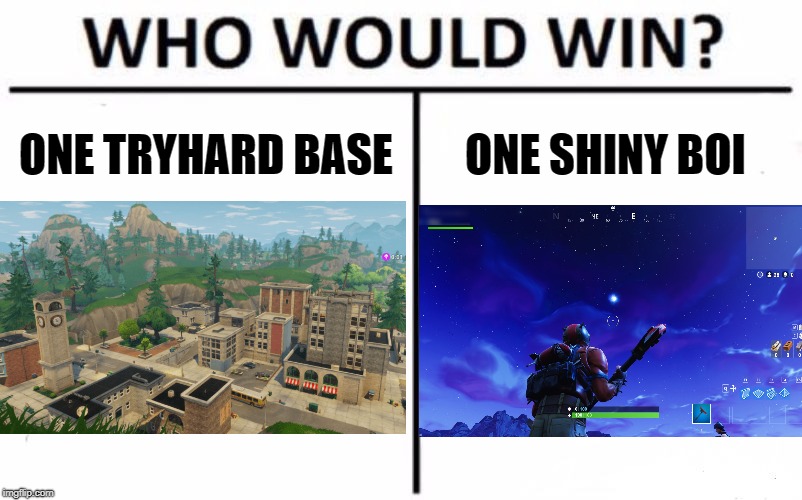 Who Would Win? Meme | ONE TRYHARD BASE; ONE SHINY BOI | image tagged in memes,who would win | made w/ Imgflip meme maker