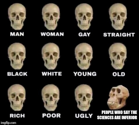idiot skull | PEOPLE WHO SAY THE SCIENCES ARE INFERIOR | image tagged in idiot skull | made w/ Imgflip meme maker
