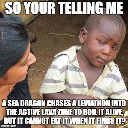 Third World Skeptical Kid | SO YOUR TELLING ME; A SEA DRAGON CHASES A LEVIATHON INTO THE ACTIVE LAVA ZONE TO BOIL IT ALIVE, BUT IT CANNOT EAT IT WHEN IT FINDS IT? | image tagged in memes,third world skeptical kid | made w/ Imgflip meme maker