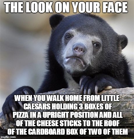 Never carry 3 boxes of pizza by yourself if you don't have a car | THE LOOK ON YOUR FACE; WHEN YOU WALK HOME FROM LITTLE CAESARS HOLDING 3 BOXES OF PIZZA IN A UPRIGHT POSITION AND ALL OF THE CHEESE STICKS TO THE ROOF OF THE CARDBOARD BOX OF TWO OF THEM | image tagged in memes,confession bear,messy,pizza,advice,true story | made w/ Imgflip meme maker