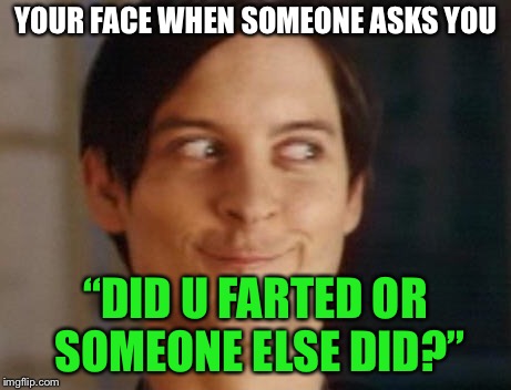 Spiderman Peter Parker Meme | YOUR FACE WHEN SOMEONE ASKS YOU; “DID U FARTED OR SOMEONE ELSE DID?” | image tagged in memes,spiderman peter parker | made w/ Imgflip meme maker