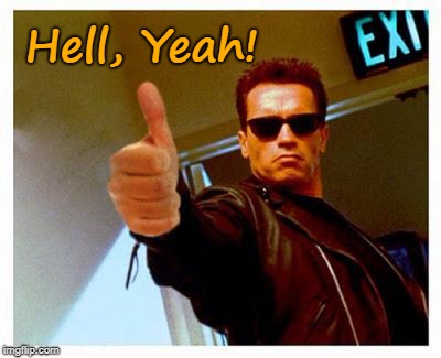 Terminator, "Hell, Yeah!" | Hell, Yeah! | image tagged in terminator thumbs up,hell,yeah,agree | made w/ Imgflip meme maker