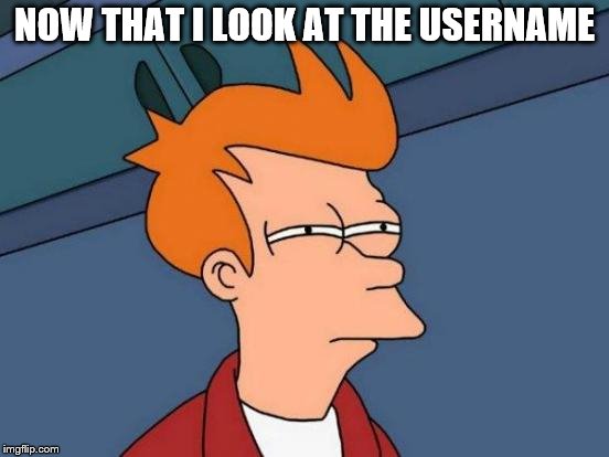 Futurama Fry Meme | NOW THAT I LOOK AT THE USERNAME | image tagged in memes,futurama fry | made w/ Imgflip meme maker