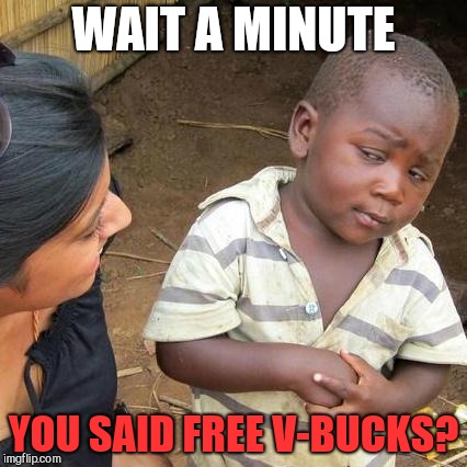 Yet another Fortnite meme xD | WAIT A MINUTE; YOU SAID FREE V-BUCKS? | image tagged in memes,third world skeptical kid | made w/ Imgflip meme maker