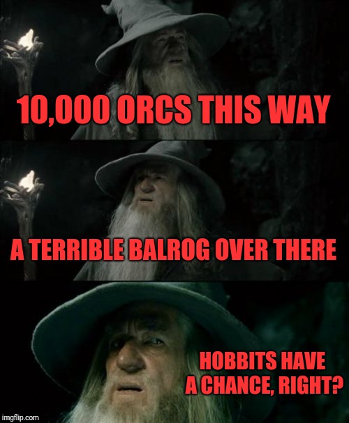 Confused Gandalf | 10,000 ORCS THIS WAY; A TERRIBLE BALROG OVER THERE; HOBBITS HAVE A CHANCE, RIGHT? | image tagged in memes,confused gandalf | made w/ Imgflip meme maker