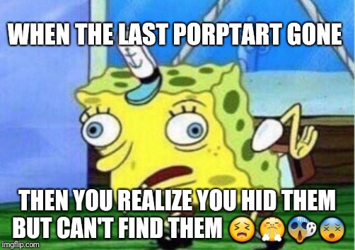Mocking Spongebob Meme | WHEN THE LAST PORPTART GONE; THEN YOU REALIZE YOU HID THEM BUT CAN'T FIND THEM 😣😤😱😵 | image tagged in memes,mocking spongebob | made w/ Imgflip meme maker