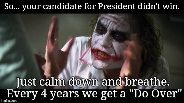 And everybody loses their minds | So... your candidate for President didn't win. Just calm down and breathe. Every 4 years we get a "Do Over" | image tagged in memes,and everybody loses their minds | made w/ Imgflip meme maker
