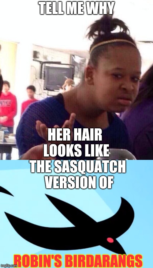 TELL ME WHY; HER HAIR LOOKS LIKE; THE SASQUATCH VERSION OF; ROBIN'S BIRDARANGS | image tagged in teen titans,black girl wat | made w/ Imgflip meme maker