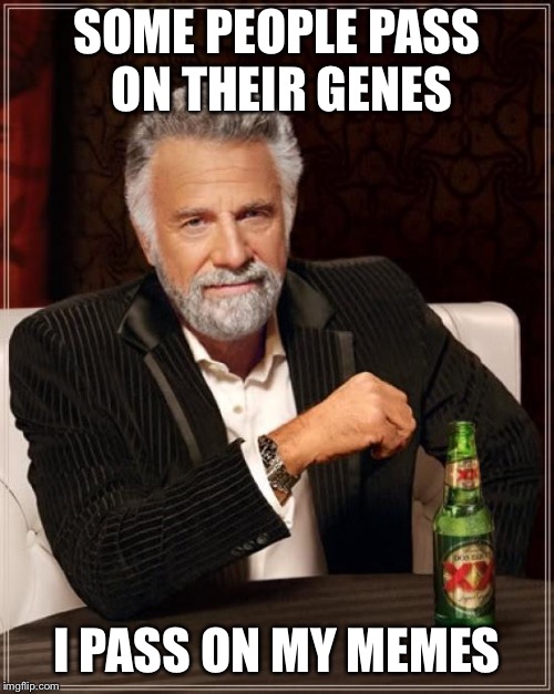 The Most Interesting Man In The World Meme | SOME PEOPLE PASS ON THEIR GENES; I PASS ON MY MEMES | image tagged in memes,the most interesting man in the world | made w/ Imgflip meme maker