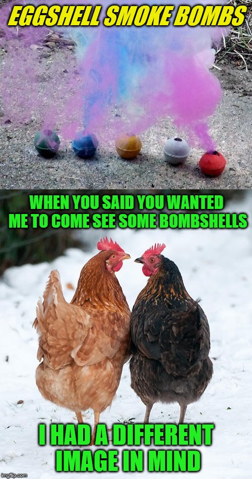 Chicken Week, April 2-8, a JBmemegeek & giveuahint event! | EGGSHELL SMOKE BOMBS; WHEN YOU SAID YOU WANTED ME TO COME SEE SOME BOMBSHELLS; I HAD A DIFFERENT IMAGE IN MIND | image tagged in memes,chicken week,jbmemegeek,theme week stream,giveuahint | made w/ Imgflip meme maker