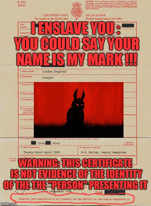 You Certified ? | I ENSLAVE YOU : YOU COULD SAY YOUR NAME IS MY MARK !!! WARNING: THIS CERTIFICATE IS NOT EVIDENCE OF THE IDENTITY OF THE THE "PERSON" PRESENTING IT | image tagged in birth certificate | made w/ Imgflip meme maker