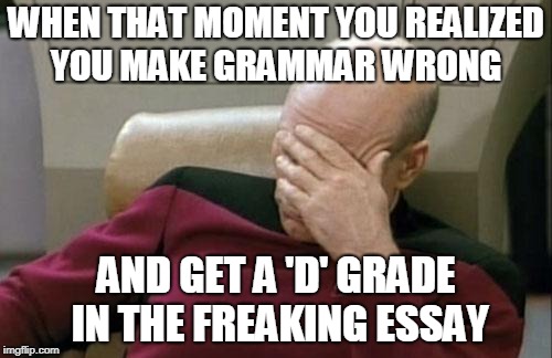 Captain Picard Facepalm | WHEN THAT MOMENT YOU REALIZED YOU MAKE GRAMMAR WRONG; AND GET A 'D' GRADE IN THE FREAKING ESSAY | image tagged in memes,captain picard facepalm | made w/ Imgflip meme maker