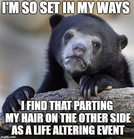  I hate change | I'M SO SET IN MY WAYS; I FIND THAT PARTING MY HAIR ON THE OTHER SIDE AS A LIFE ALTERING EVENT | image tagged in memes,confession bear | made w/ Imgflip meme maker