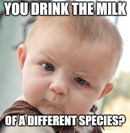 Skeptical Baby Meme | YOU DRINK THE MILK; OF A DIFFERENT SPECIES? | image tagged in memes,skeptical baby | made w/ Imgflip meme maker