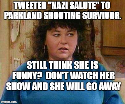Roseanne Barr | TWEETED "NAZI SALUTE" TO PARKLAND SHOOTING SURVIVOR. STILL THINK SHE IS FUNNY?  DON'T WATCH HER SHOW AND SHE WILL GO AWAY | image tagged in roseanne barr | made w/ Imgflip meme maker