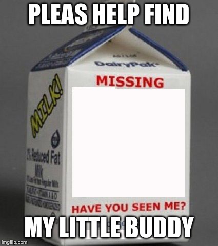 Milk carton | PLEAS HELP FIND; MY LITTLE BUDDY | image tagged in milk carton | made w/ Imgflip meme maker