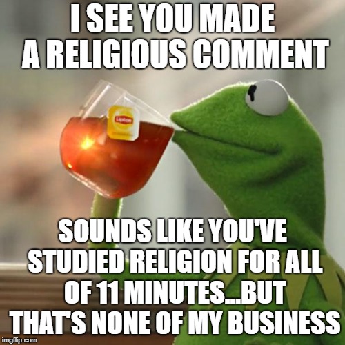 Discovering the meaning of life may take a bit more dedication | I SEE YOU MADE A RELIGIOUS COMMENT; SOUNDS LIKE YOU'VE STUDIED RELIGION FOR ALL OF 11 MINUTES...BUT THAT'S NONE OF MY BUSINESS | image tagged in memes,but thats none of my business,kermit the frog | made w/ Imgflip meme maker