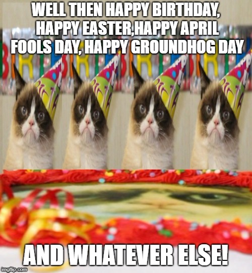 WELL THEN HAPPY BIRTHDAY, HAPPY EASTER,HAPPY APRIL FOOLS DAY, HAPPY GROUNDHOG DAY AND WHATEVER ELSE! | made w/ Imgflip meme maker