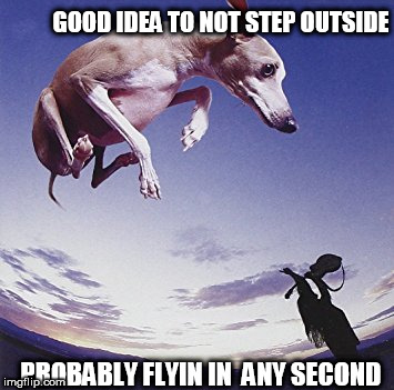 GOOD IDEA TO NOT STEP OUTSIDE PROBABLY FLYIN IN  ANY SECOND | made w/ Imgflip meme maker