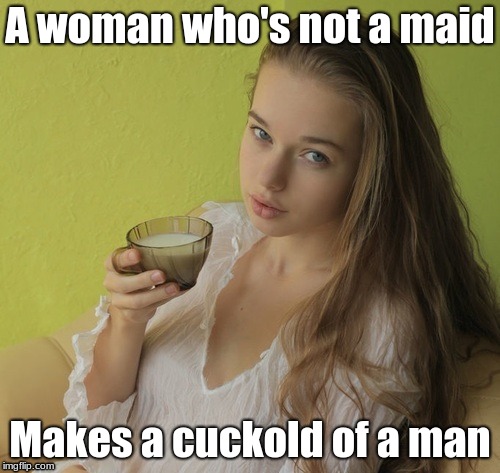 Maiden | A woman who's not a maid; Makes a cuckold of a man | image tagged in virgin | made w/ Imgflip meme maker