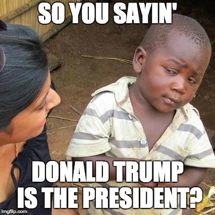 Third World Skeptical Kid Meme | SO YOU SAYIN'; DONALD TRUMP IS THE PRESIDENT? | image tagged in memes,third world skeptical kid | made w/ Imgflip meme maker