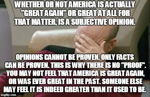 Captain Picard Facepalm Meme | WHETHER OR NOT AMERICA IS ACTUALLY "GREAT AGAIN" OR GREAT AT ALL FOR THAT MATTER, IS A SUBJECTIVE OPINION. OPINIONS CANNOT BE PROVEN. ONLY F | image tagged in memes,captain picard facepalm | made w/ Imgflip meme maker