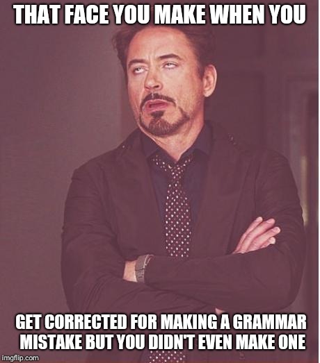 Face You Make Robert Downey Jr Meme | THAT FACE YOU MAKE WHEN YOU; GET CORRECTED FOR MAKING A GRAMMAR MISTAKE BUT YOU DIDN'T EVEN MAKE ONE | image tagged in memes,face you make robert downey jr | made w/ Imgflip meme maker