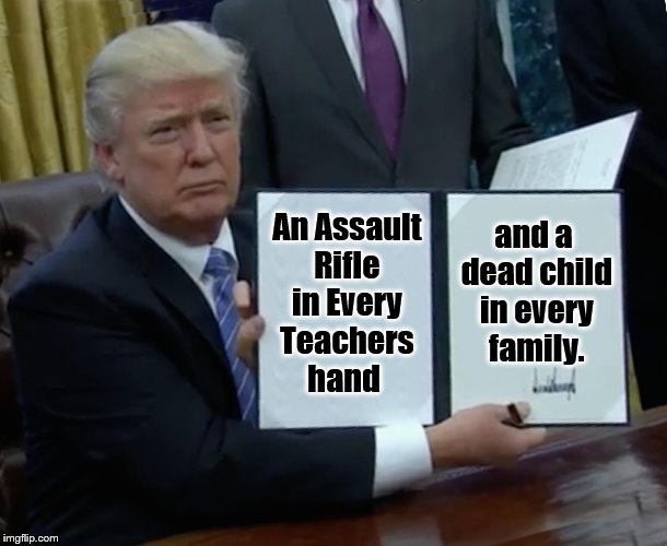 Trump Bill Signing | An Assault Rifle in Every Teachers hand; and a dead child in every family. | image tagged in memes,trump bill signing | made w/ Imgflip meme maker