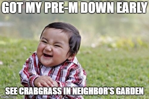 Evil Toddler Meme | GOT MY PRE-M DOWN EARLY; SEE CRABGRASS IN NEIGHBOR'S GARDEN | image tagged in memes,evil toddler | made w/ Imgflip meme maker